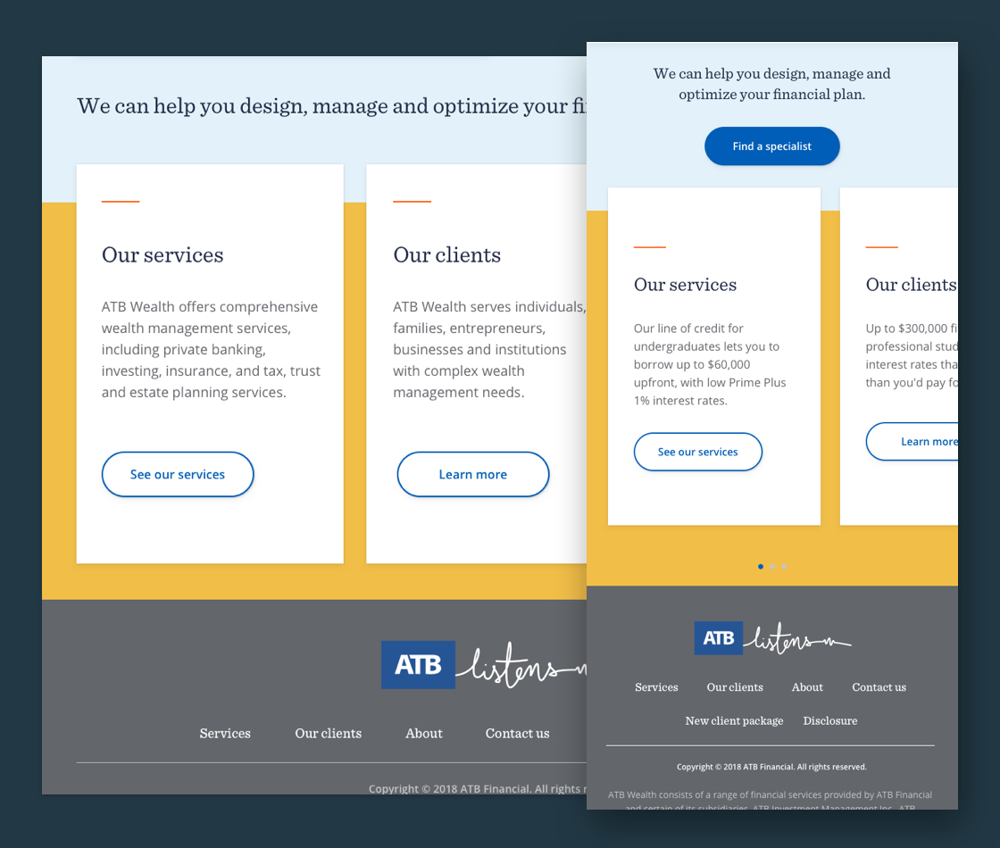 The main carousel featured on the homepage of ATB Wealth, in both desktop and mobile viewports